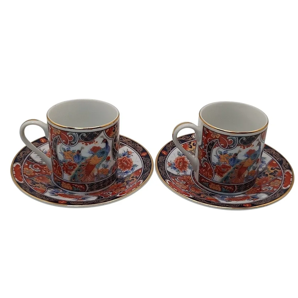 Vintage Japanese Imari Arita Demitasse‎ Cups Saucers Peacock Handmade Four Piece